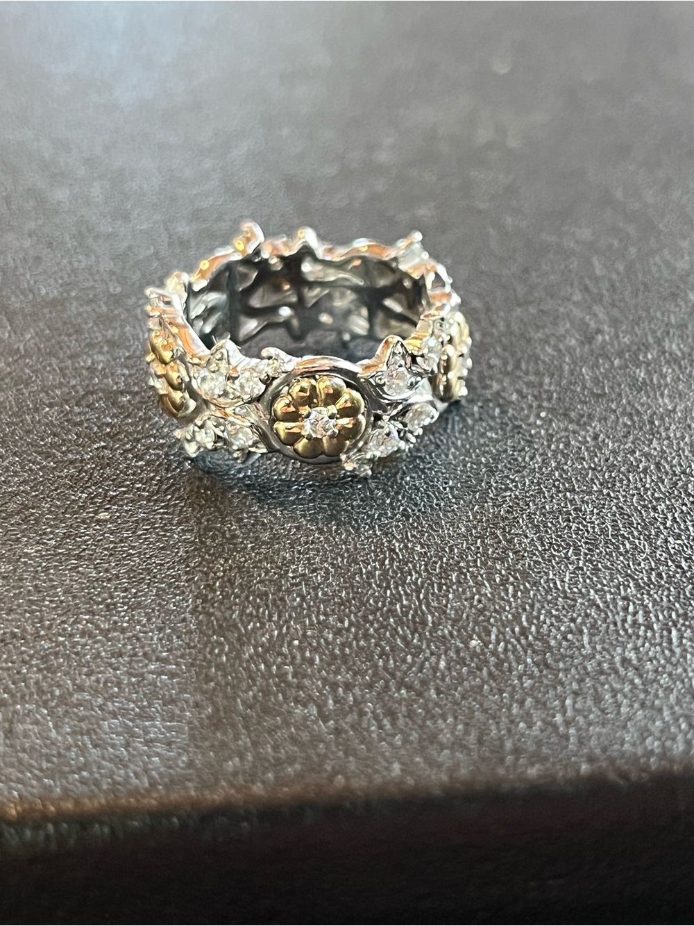 Sterling Silver & Gold Tone Floral Band Ring with Cz accents - Sz 6.